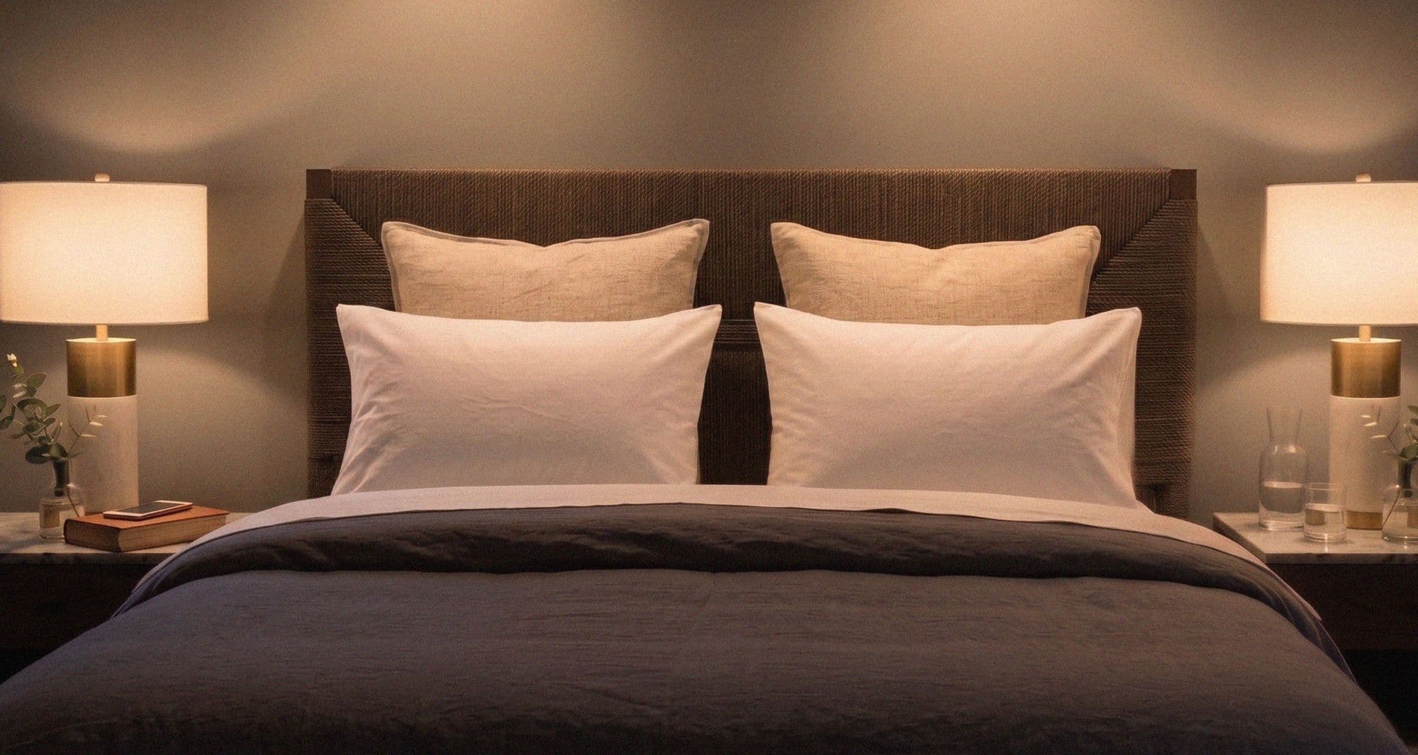 A bed turned down for the night, lamps lit