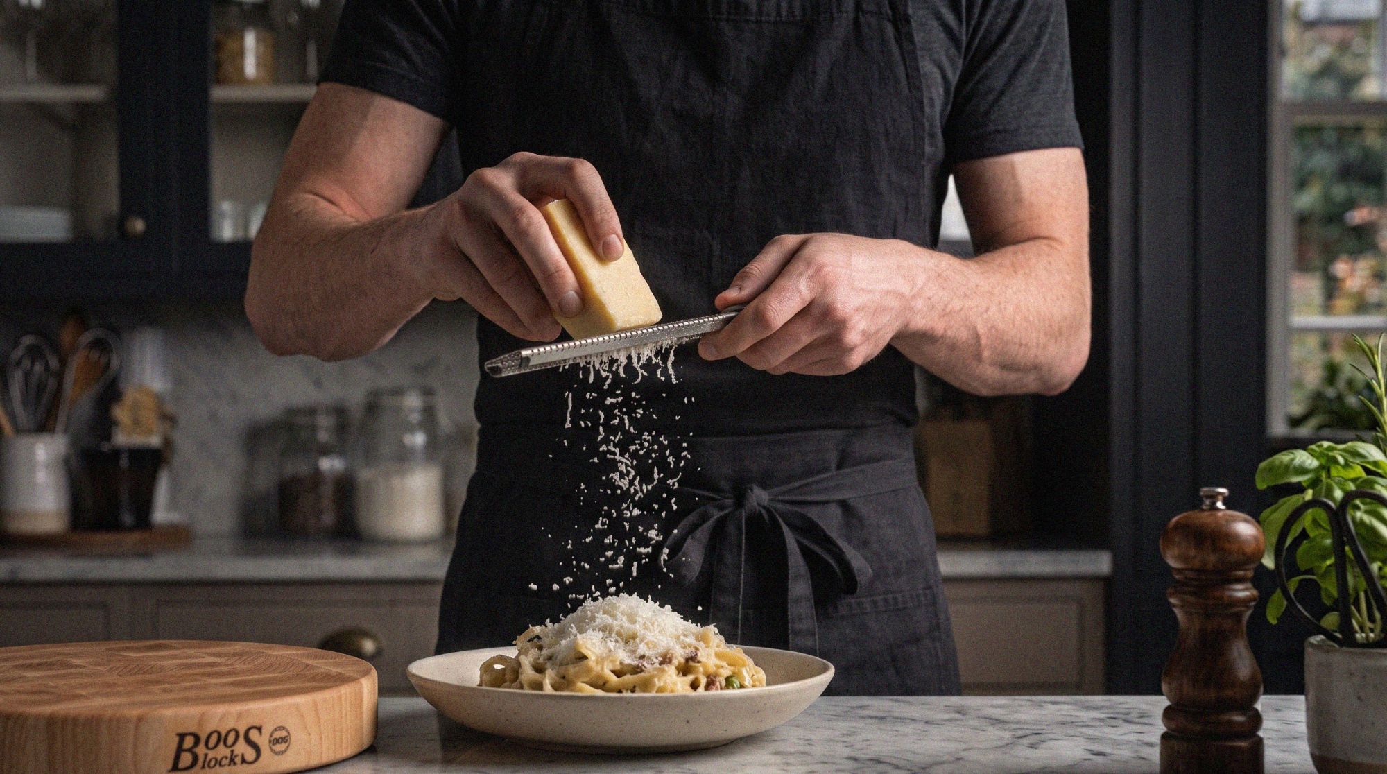 A private chef finishing a dish at the kitchen counter